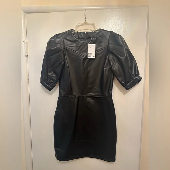 chinese dress ladies Classy Black Puffed Sleeves Women Mini Leather Dress L / Same As Picture main image 1